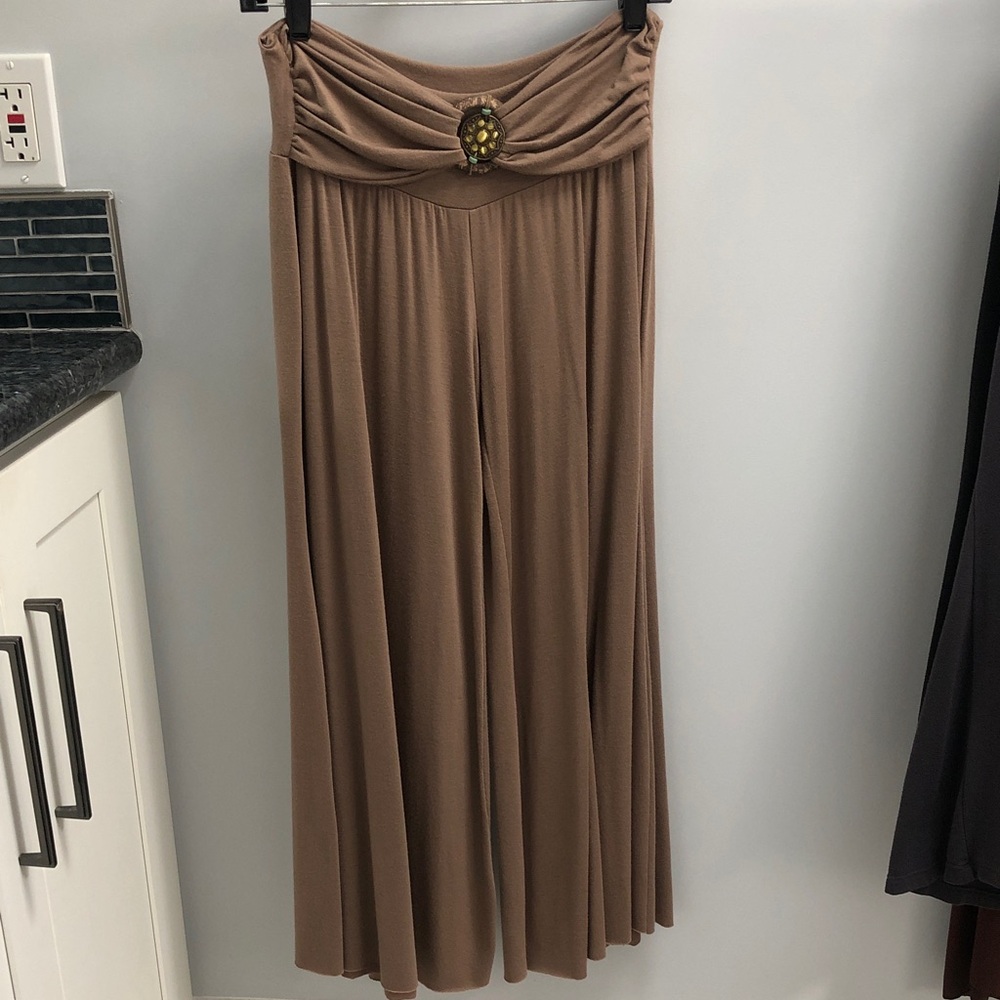 FANG Wide-Leg Palazzo Knit Brown pant! Jewel beaded buckle front! vintage! M